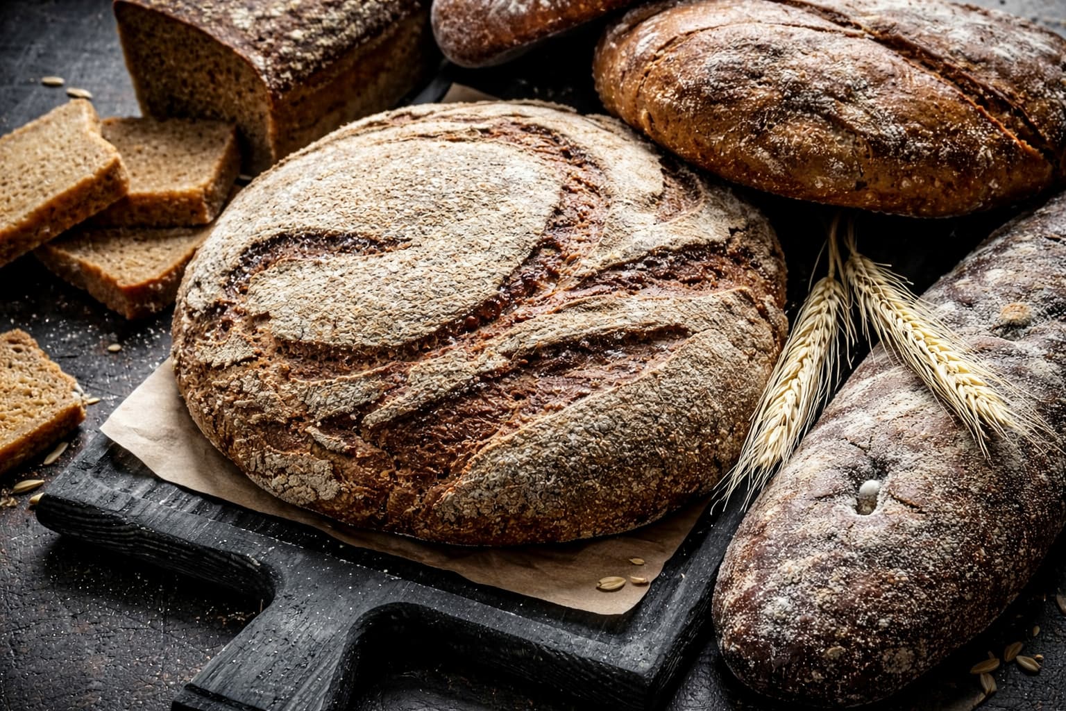 Hogaza artesanal recién horneada sobre una mesa de madera